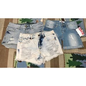 Distressed Blue & White Light Wash Premium Denim Jean Shorts